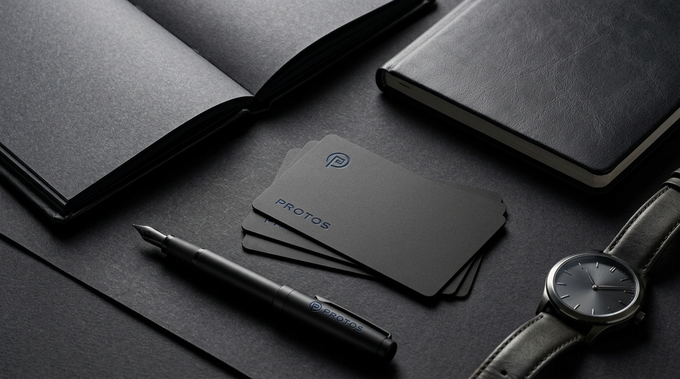 Protos cards arranged with a pen, notebooks, and watch