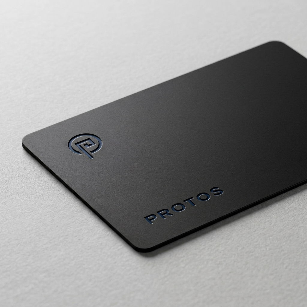 Close view of the matte black Protos card